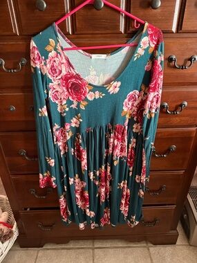 Floral Long Sleeve Babydoll Dress - Pink Rose Print